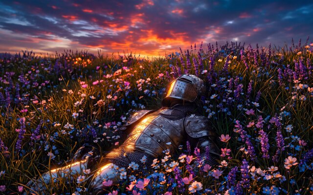 Bathed in the radiant glow of a fiery sunset, a gleaming knight's armor rests amidst a vibrant field of purple and white wildflowers. This enchanting 4K wallpaper offers a serene, detailed scene perfect for your MacOS or MacBook wallpaper, highlighting the contrast between the metal and delicate blossoms. | sunset armor knight medieval fantasy wallpaper macos 4k wallpaper hd wallpaper wildflowers macbook imac Bathed in the radiant glow of a fiery sunset, a gleaming knight's armor rests amidst a vibrant field of purple and white wildflowers. This enchanting 4K wallpaper offers a serene, detailed scene perfect for your MacOS or MacBook wallpaper, highlighting the contrast between the metal and delicate blossoms.
