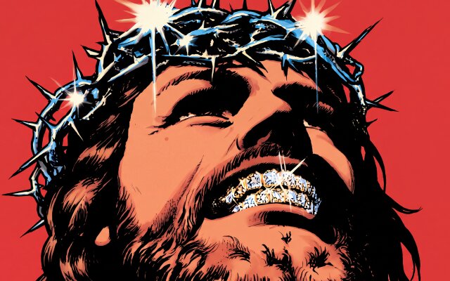 Glistening diamond grillz adorn Jesus's mouth, juxtaposed with a metallic crown of thorns against a vibrant red background in this unique 4K wallpaper. This powerful and artistic representation makes an impactful MacOS or MacBook wallpaper. | wallpaper macos jesus grillz comic art 4k wallpaper hd wallpaper red background christ crown of thorns macbook imac Glistening diamond grillz adorn Jesus's mouth, juxtaposed with a metallic crown of thorns against a vibrant red background in this unique 4K wallpaper. This powerful and artistic representation makes an impactful MacOS or MacBook wallpaper.