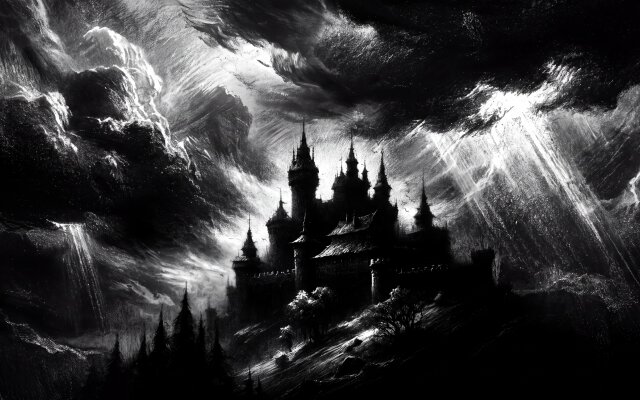 Dramatic light rays pierce through dark, swirling storm clouds over a formidable spired castle, creating an epic 4K grayscale wallpaper. This stunning digital art makes a compelling MacOS or MacBook wallpaper, showcasing the castle's silhouette against the rugged, stormy landscape. | dark stormy gothic castle fantasy wallpaper macos 4k wallpaper hd wallpaper fortress macbook imac Dramatic light rays pierce through dark, swirling storm clouds over a formidable spired castle, creating an epic 4K grayscale wallpaper. This stunning digital art makes a compelling MacOS or MacBook wallpaper, showcasing the castle's silhouette against the rugged, stormy landscape.
