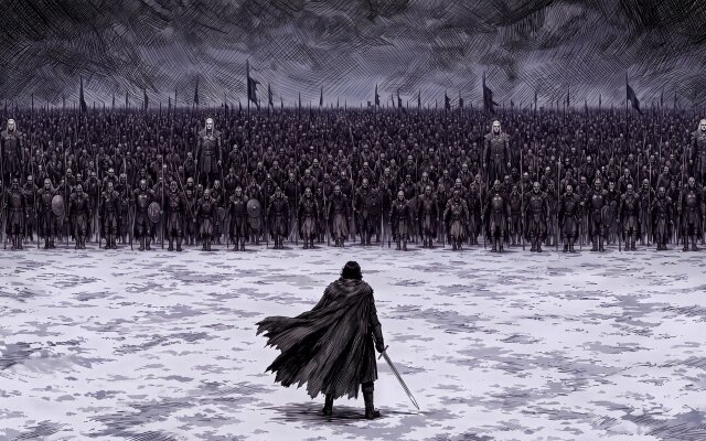 Jon Snow, cloaked and defiant, stands alone in the snowy wasteland, sword drawn against a chilling, massive army of adversaries. This dramatic 4K Game of Thrones wallpaper, ideal for your MacOS or MacBook device, captures an epic confrontation, making it an imposing and memorable desktop wallpaper. | fantasy wallpaper game of thrones macos jon snow 4k wallpaper hd wallpaper epic battle macbook imac white walker Jon Snow, cloaked and defiant, stands alone in the snowy wasteland, sword drawn against a chilling, massive army of adversaries. This dramatic 4K Game of Thrones wallpaper, ideal for your MacOS or MacBook device, captures an epic confrontation, making it an imposing and memorable desktop wallpaper.