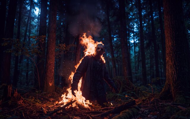 Flames engulf Jason Voorhees in this intense 4K wallpaper, setting the ominous forest ablaze and highlighting his iconic hockey mask. This horror-themed wallpaper creates a menacing atmosphere perfect for your MacBook or MacOS desktop, featuring dark, towering trees and glowing embers. | forest scary wallpaper horror macos burning 4k wallpaper hd wallpaper macbook imac jason voorhees friday the 13th Flames engulf Jason Voorhees in this intense 4K wallpaper, setting the ominous forest ablaze and highlighting his iconic hockey mask. This horror-themed wallpaper creates a menacing atmosphere perfect for your MacBook or MacOS desktop, featuring dark, towering trees and glowing embers.