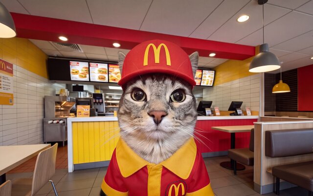 The adorable tabby cat with captivating eyes, dressed in a red and yellow McDonald's uniform and cap, is ready to take your order in this vibrant 4K wallpaper. This charming wallpaper will bring a unique, playful touch to any MacOS or MacBook desktop. | funny cat cute wallpaper mcdonalds fast food macos tabby 4k wallpaper hd wallpaper macbook imac The adorable tabby cat with captivating eyes, dressed in a red and yellow McDonald's uniform and cap, is ready to take your order in this vibrant 4K wallpaper. This charming wallpaper will bring a unique, playful touch to any MacOS or MacBook desktop.