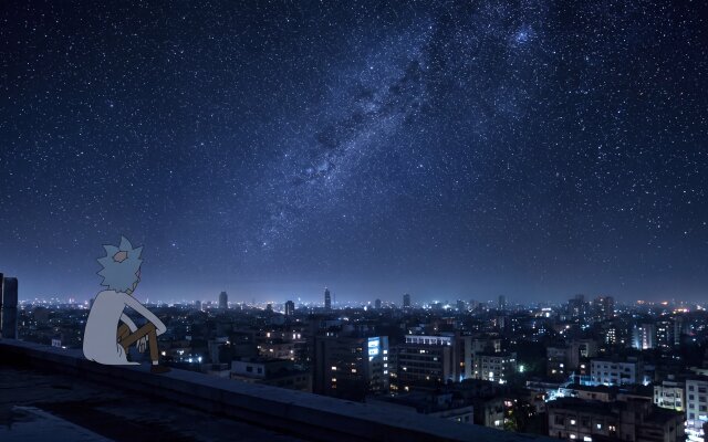 Rick C-137 gazes up at a stunning 4K Milky Way over a sprawling urban cityscape, bathed in the deep blues of twilight. This atmospheric wallpaper perfectly blends an iconic animated character with a realistic setting, making it an ideal MacBook or MacOS wallpaper. | aesthetic night rick wallpaper milky way rick and morty macos animation 4k wallpaper hd wallpaper cityscape macbook imac Rick C-137 gazes up at a stunning 4K Milky Way over a sprawling urban cityscape, bathed in the deep blues of twilight. This atmospheric wallpaper perfectly blends an iconic animated character with a realistic setting, making it an ideal MacBook or MacOS wallpaper.