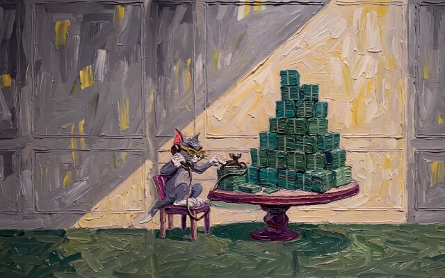 A stylish Tom Cat, depicted in an expressive impasto oil painting style, poses in a suit, sunglasses, and a party hat, speaking on a vintage phone beside a towering stack of cash. This stunning 4K wallpaper offers a unique and luxurious scene perfect for your MacOS or MacBook, serving as an aesthetic and eye-catching desktop background. | money luxury tom tom and jerry wallpaper macos oil painting 4k wallpaper hd wallpaper tom cat macbook imac A stylish Tom Cat, depicted in an expressive impasto oil painting style, poses in a suit, sunglasses, and a party hat, speaking on a vintage phone beside a towering stack of cash. This stunning 4K wallpaper offers a unique and luxurious scene perfect for your MacOS or MacBook, serving as an aesthetic and eye-catching desktop background.