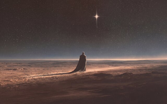 Under a brilliant guiding star, Batman stands as a solitary figure in a vast, barren desert landscape, his iconic long cape trailing behind him. This compelling 4K wallpaper offers a dramatic MacOS or MacBook background, showcasing the Dark Knight's stoic presence against an expansive, starry night. | desert batman wallpaper macos starry night dark knight 4k wallpaper hd wallpaper dc comics macbook imac Under a brilliant guiding star, Batman stands as a solitary figure in a vast, barren desert landscape, his iconic long cape trailing behind him. This compelling 4K wallpaper offers a dramatic MacOS or MacBook background, showcasing the Dark Knight's stoic presence against an expansive, starry night.