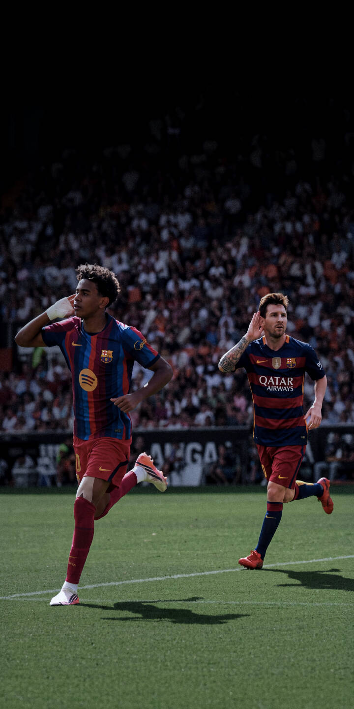 Lionel Messi joyfully cups his ear to the stadium crowd's roar, running alongside a young teammate in their vibrant FC Barcelona kits. This dynamic 4K wallpaper captures the energy of the moment, making it a perfect iPhone wallpaper for football fans. | football celebration iphone messi soccer barcelona wallpaper fc barcelona lionel messi mobile 4k wallpaper hd wallpaper Lionel Messi joyfully cups his ear to the stadium crowd's roar, running alongside a young teammate in their vibrant FC Barcelona kits. This dynamic 4K wallpaper captures the energy of the moment, making it a perfect iPhone wallpaper for football fans.