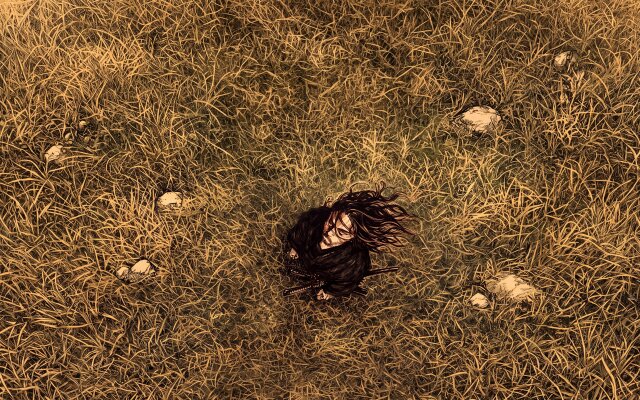 From a striking top-down perspective, this 4K wallpaper captures Musashi Miyamoto amidst a vast golden field of tall grass, his long dark hair flowing and a katana sheathed at his hip. This contemplative scene makes an evocative MacOS wallpaper, providing an inspiring visual for your MacBook. | field samurai manga wallpaper macos vagabond 4k wallpaper hd wallpaper musashi miyamoto macbook imac From a striking top-down perspective, this 4K wallpaper captures Musashi Miyamoto amidst a vast golden field of tall grass, his long dark hair flowing and a katana sheathed at his hip. This contemplative scene makes an evocative MacOS wallpaper, providing an inspiring visual for your MacBook.