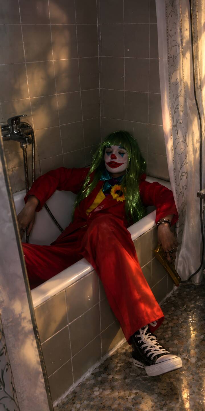 Eyes closed in apparent defeat, the Joker clutches a golden pistol in his bathtub, his red suit and green wig standing out in this moody 4K wallpaper. This captivating Joker wallpaper is a perfect fit for any iPhone seeking a unique, dramatic look. | 4k wallpaper aesthetic joker Eyes closed in apparent defeat, the Joker clutches a golden pistol in his bathtub, his red suit and green wig standing out in this moody 4K wallpaper. This captivating Joker wallpaper is a perfect fit for any iPhone seeking a unique, dramatic look.