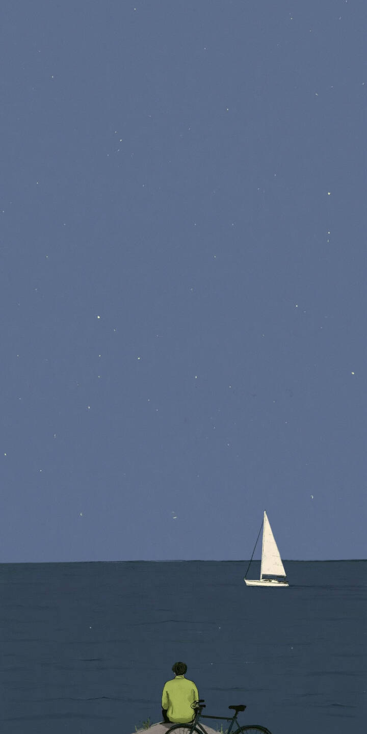 A quiet figure rests beside a bicycle, watching a lone white sailboat drift across the sea beneath a softly glowing starry sky. | bicycle ocean sailboat solitude peaceful A quiet figure rests beside a bicycle, watching a lone white sailboat drift across the sea beneath a softly glowing starry sky.