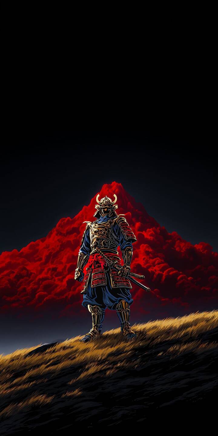 The solitary samurai warrior stands defiantly on a grassy hill, his intricate gold and red armor gleaming against a dramatic, glowing red cloudscape in this striking 4K wallpaper. This epic scene provides a powerful visual for any iPhone wallpaper collection. | art samurai iphone katana wallpaper mobile 4k wallpaper hd wallpaper japanese warrior dark aesthetic golden armor red mountain The solitary samurai warrior stands defiantly on a grassy hill, his intricate gold and red armor gleaming against a dramatic, glowing red cloudscape in this striking 4K wallpaper. This epic scene provides a powerful visual for any iPhone wallpaper collection.