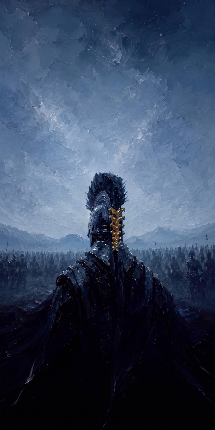 A striking gold spinal ornament gleams against the dark, imposing armor of a lone commander overlooking a vast, ominous army in this dramatic 4K wallpaper. This epic scene makes a compelling warrior wallpaper for iPhone users seeking a powerful backdrop. | warrior painting iphone wallpaper mobile 4k wallpaper hd wallpaper epic cinematic dark fantasy commander A striking gold spinal ornament gleams against the dark, imposing armor of a lone commander overlooking a vast, ominous army in this dramatic 4K wallpaper. This epic scene makes a compelling warrior wallpaper for iPhone users seeking a powerful backdrop.