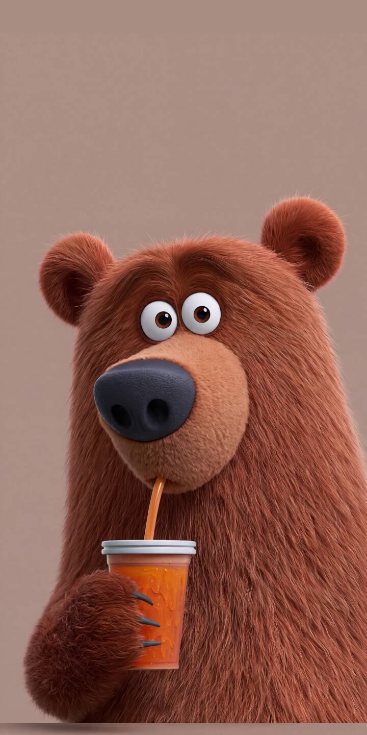 Wide, curious eyes stare out as a fluffy brown bear happily sips bright orange juice through a straw, making this an adorable 4K wallpaper that's perfect for your iPhone. This charming wallpaper highlights the bear's textured fur and unique cartoon animation style. | animal juice bear iphone wallpaper animation mobile cute bear fluffy 4k wallpaper hd wallpaper cartoon bear Wide, curious eyes stare out as a fluffy brown bear happily sips bright orange juice through a straw, making this an adorable 4K wallpaper that's perfect for your iPhone. This charming wallpaper highlights the bear's textured fur and unique cartoon animation style.