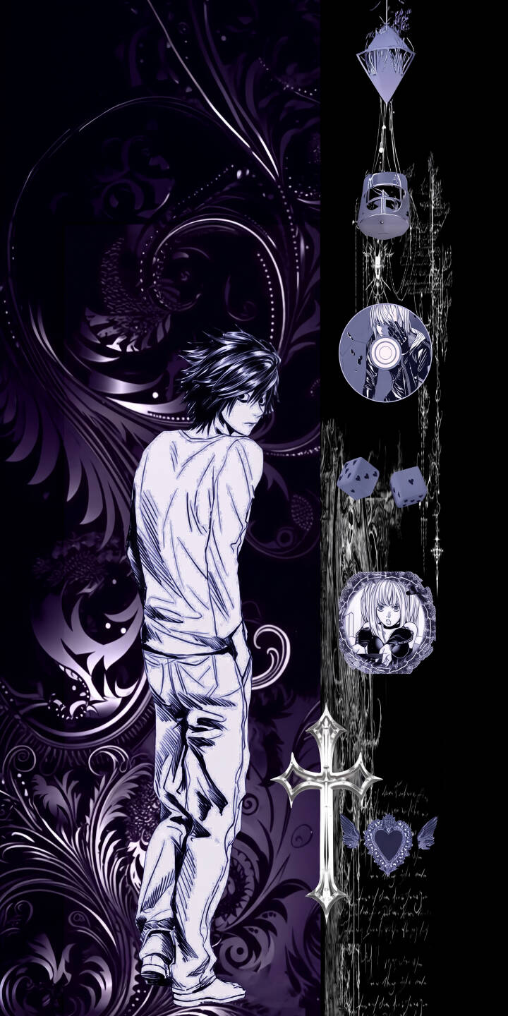L, the enigmatic detective, glances over his shoulder against a rich purple and black ornate background in this stunning 4K wallpaper for iPhone. This captivating wallpaper features intriguing gothic accents and subtle character details. | aesthetic purple anime gothic iphone wallpaper mystery mobile 4k wallpaper hd wallpaper death note l lawliet L, the enigmatic detective, glances over his shoulder against a rich purple and black ornate background in this stunning 4K wallpaper for iPhone. This captivating wallpaper features intriguing gothic accents and subtle character details.