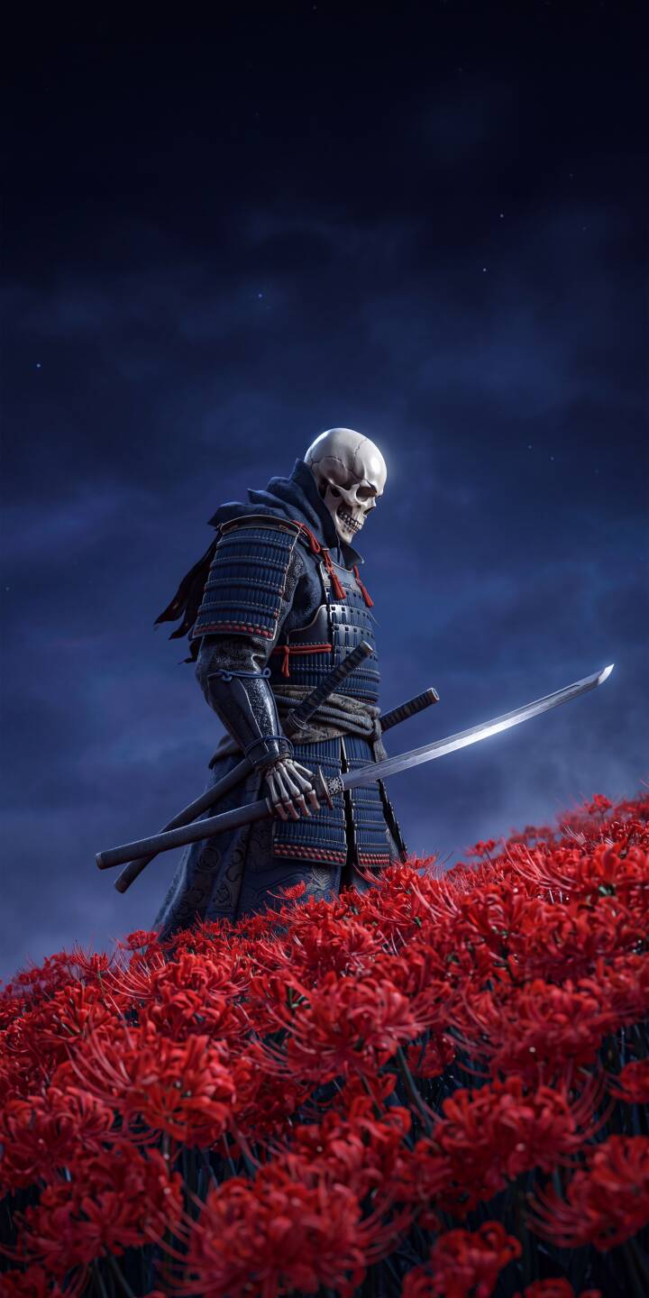 A haunting skeleton samurai, clad in intricate dark armor, stands pensively in a vibrant field of blood-red spider lilies beneath a twilight sky in this striking 4K wallpaper. This atmospheric wallpaper is perfect for personalizing your iPhone. | aesthetic iphone japanese katana wallpaper mobile 4k wallpaper hd wallpaper skeleton samurai dark fantasy ronin spider lilies A haunting skeleton samurai, clad in intricate dark armor, stands pensively in a vibrant field of blood-red spider lilies beneath a twilight sky in this striking 4K wallpaper. This atmospheric wallpaper is perfect for personalizing your iPhone.