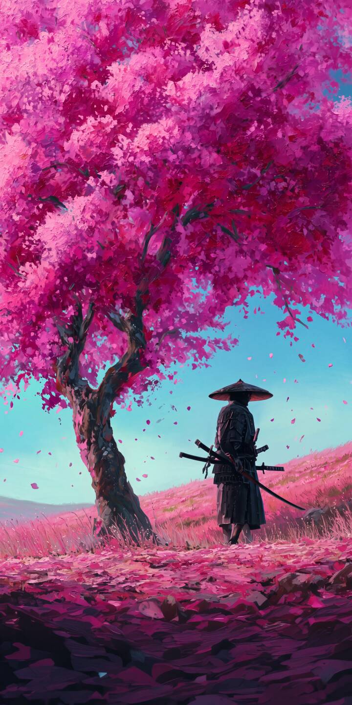Vibrant pink cherry blossoms shower down, covering the ground around a lone samurai warrior with two katanas and a straw hat in this majestic 4K wallpaper. This stunning landscape makes an exquisite wallpaper for iPhone, blending traditional Japanese aesthetics with a unique painterly art style. | cherry blossom samurai warrior iphone katana wallpaper mobile pink aesthetic japanese art 4k wallpaper hd wallpaper ronin Vibrant pink cherry blossoms shower down, covering the ground around a lone samurai warrior with two katanas and a straw hat in this majestic 4K wallpaper. This stunning landscape makes an exquisite wallpaper for iPhone, blending traditional Japanese aesthetics with a unique painterly art style.