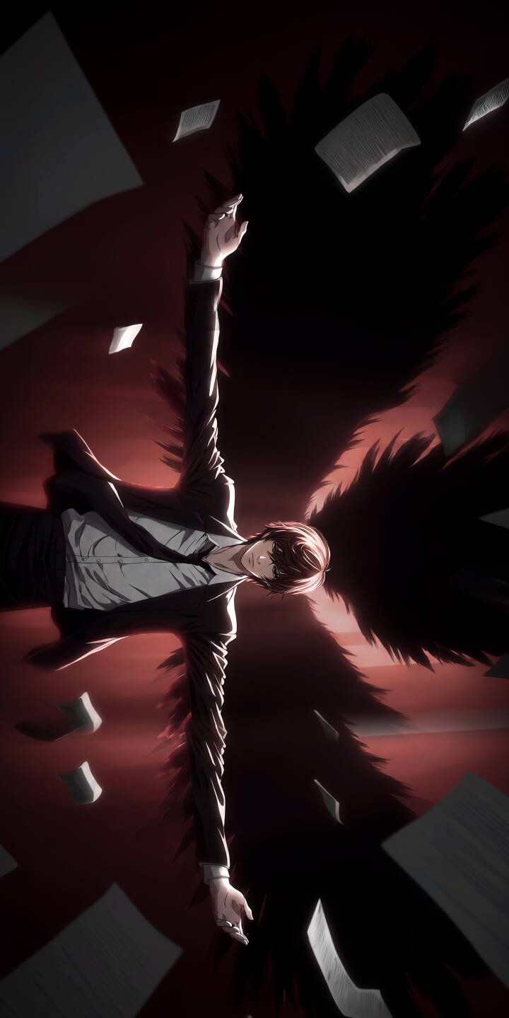 Crimson shadows engulf Light Yagami as he descends amidst swirling Death Note pages, creating a stunning 4K anime wallpaper for your iPhone — a dramatic and visually striking wallpaper. | dark anime iphone falling wallpaper shadows mobile 4k wallpaper hd wallpaper dramatic light yagami death note Crimson shadows engulf Light Yagami as he descends amidst swirling Death Note pages, creating a stunning 4K anime wallpaper for your iPhone — a dramatic and visually striking wallpaper.