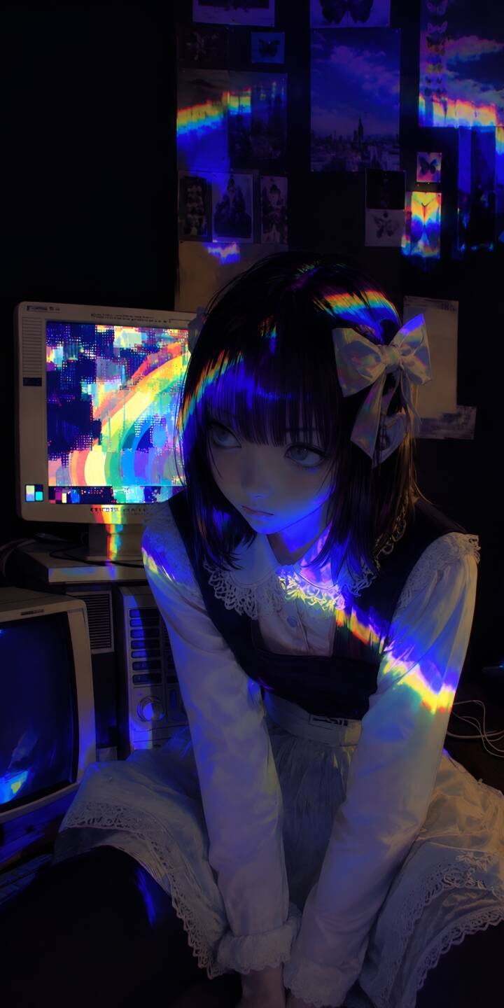 Vibrant rainbow light refracts across an anime girl with white bows in her hair and a glitched CRT monitor in this aesthetic 4K wallpaper. This dark, retro-inspired wallpaper creates a stunning visual for your iPhone, perfect for fans of lo-fi and cyber aesthetics. | dark light rainbow Vibrant rainbow light refracts across an anime girl with white bows in her hair and a glitched CRT monitor in this aesthetic 4K wallpaper. This dark, retro-inspired wallpaper creates a stunning visual for your iPhone, perfect for fans of lo-fi and cyber aesthetics.