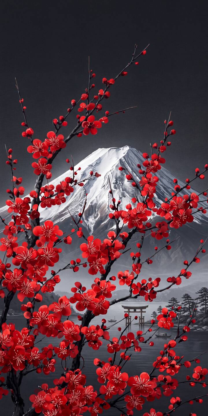 Vibrant red cherry blossoms burst forth against the stark greyscale backdrop of snow-capped Mount Fuji and a serene lake, featuring a distant torii gate in this stunning 4K wallpaper. This captivating Japanese art is a perfect wallpaper for iPhone screens. | cherry blossom red iphone japan nature wallpaper mobile 4k wallpaper hd wallpaper asian art mount fuji torii gate Vibrant red cherry blossoms burst forth against the stark greyscale backdrop of snow-capped Mount Fuji and a serene lake, featuring a distant torii gate in this stunning 4K wallpaper. This captivating Japanese art is a perfect wallpaper for iPhone screens.