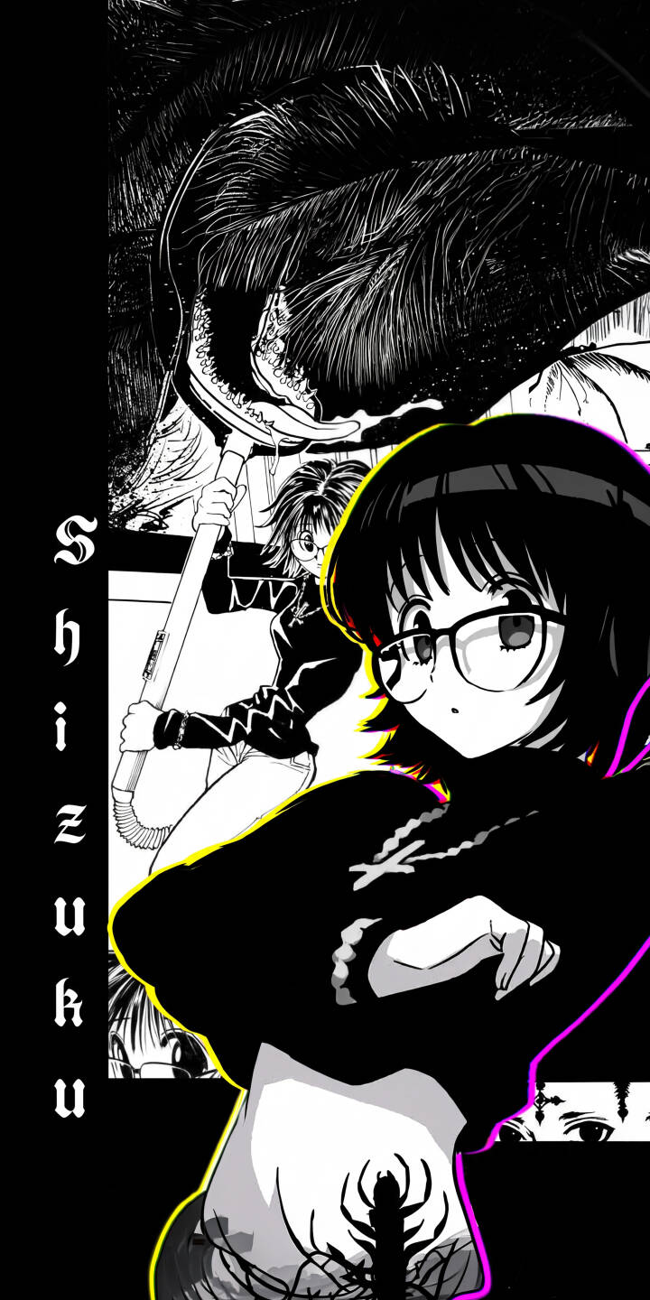 Shizuku's iconic glasses frame her focused gaze, contrasted with the visible Phantom Troupe spider tattoo on her stomach in this stylish 4K wallpaper. This dynamic black and white anime wallpaper featuring Blinky in the background is perfect for your iPhone screen. | neon anime iphone wallpaper shizuku mobile 4k wallpaper hd wallpaper monochrome spider tattoo phantom troupe hunter x hunter Shizuku's iconic glasses frame her focused gaze, contrasted with the visible Phantom Troupe spider tattoo on her stomach in this stylish 4K wallpaper. This dynamic black and white anime wallpaper featuring Blinky in the background is perfect for your iPhone screen.