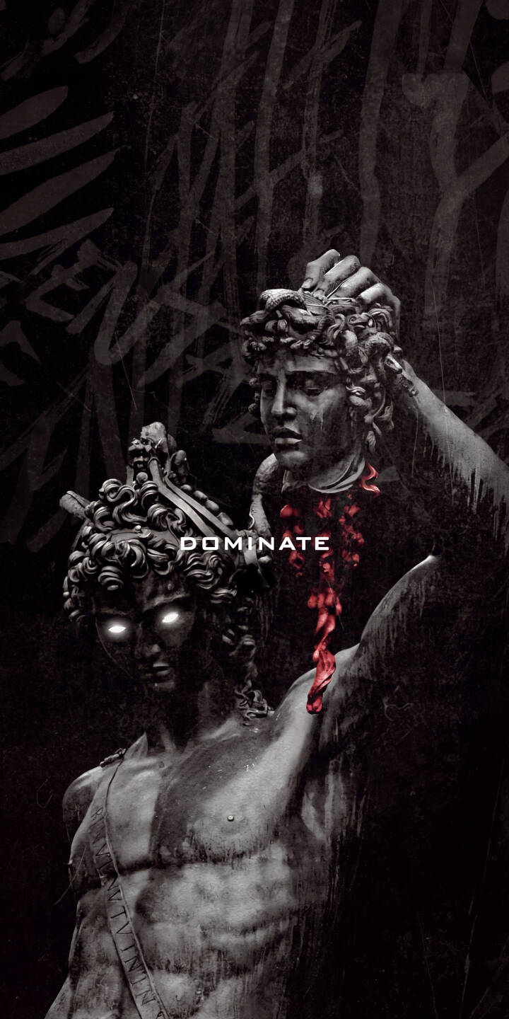 Glowing white eyes pierce the darkness as a powerful classical sculpture, highlighted by the central "DOMINATE" text, holds a severed head with vibrant red, blood-like tendrils falling below, creating a truly dark and epic 4K wallpaper. This stunning artwork is a must-have gothic wallpaper for iPhone users seeking a unique aesthetic. | sculpture gothic iphone wallpaper ancient mobile 4k wallpaper hd wallpaper glowing eyes surreal dark art dominate Glowing white eyes pierce the darkness as a powerful classical sculpture, highlighted by the central "DOMINATE" text, holds a severed head with vibrant red, blood-like tendrils falling below, creating a truly dark and epic 4K wallpaper. This stunning artwork is a must-have gothic wallpaper for iPhone users seeking a unique aesthetic.