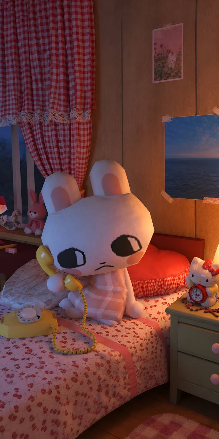 With a slightly pensive expression, a charming white bunny holds a yellow rotary phone in this wonderfully cozy 4K wallpaper. This delightful wallpaper for iPhone perfectly captures a nostalgic bedroom scene, complete with gingham curtains and a Hello Kitty alarm clock. | room 4k the animal crossing animal crossing runa With a slightly pensive expression, a charming white bunny holds a yellow rotary phone in this wonderfully cozy 4K wallpaper. This delightful wallpaper for iPhone perfectly captures a nostalgic bedroom scene, complete with gingham curtains and a Hello Kitty alarm clock.