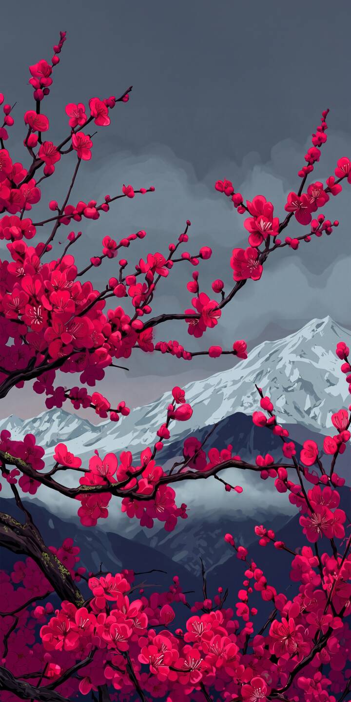 Vivid pink cherry blossoms burst forth on dark branches, set against a backdrop of majestic snowy peaks and a serene misty grey sky in this striking 4K wallpaper. This stunning nature wallpaper is perfect for personalizing your iPhone with a touch of tranquility. | pink aesthetic flowers landscape cherry blossom iphone nature wallpaper mobile floral 4k wallpaper hd wallpaper Vivid pink cherry blossoms burst forth on dark branches, set against a backdrop of majestic snowy peaks and a serene misty grey sky in this striking 4K wallpaper. This stunning nature wallpaper is perfect for personalizing your iPhone with a touch of tranquility.