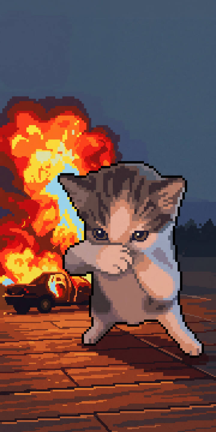 Striking golden flames erupt from a burning car behind an adorable pixel art kitten, who shields its face with an endearing gesture, making this a truly unique 4K wallpaper for iPhone. This eye-catching wallpaper perfectly blends cute and chaotic, an ideal choice for fans of pixel art aesthetics. | meme funny cat explosion cute iphone wallpaper kitten mobile pixel art 4k wallpaper hd wallpaper Striking golden flames erupt from a burning car behind an adorable pixel art kitten, who shields its face with an endearing gesture, making this a truly unique 4K wallpaper for iPhone. This eye-catching wallpaper perfectly blends cute and chaotic, an ideal choice for fans of pixel art aesthetics.