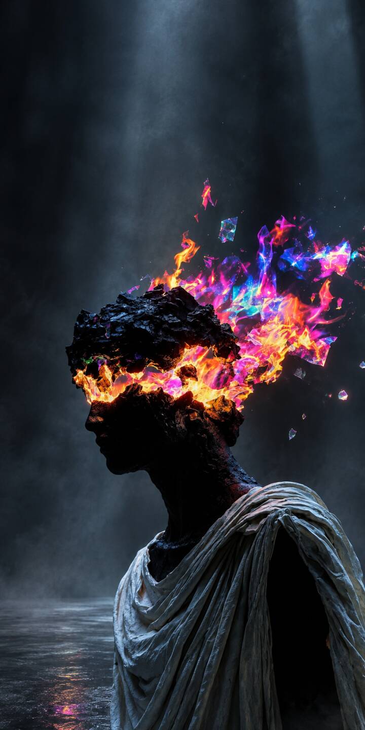 Vibrant, multi-colored flames erupt and scatter geometric shards from the rock-like head of a dark, robed figure in this striking 4K wallpaper. This mystical scene makes for an epic wallpaper on your iPhone, perfect for fans of abstract fantasy. | art 4k paint art painting Vibrant, multi-colored flames erupt and scatter geometric shards from the rock-like head of a dark, robed figure in this striking 4K wallpaper. This mystical scene makes for an epic wallpaper on your iPhone, perfect for fans of abstract fantasy.