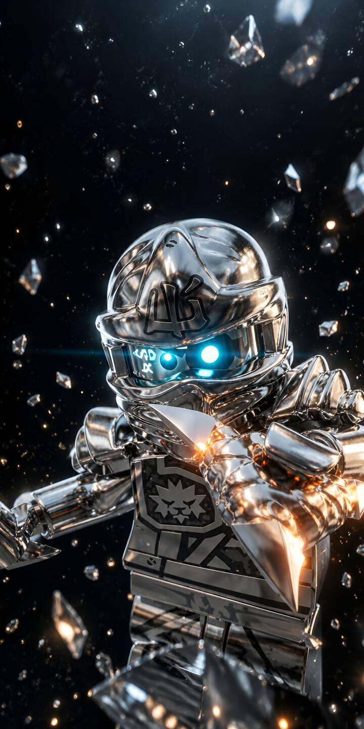 Striking blue eyes glow from the futuristic silver helmet of this chrome-plated cyber-ninja, intricately detailed against a dark, star-dusted background with shattered crystal fragments, making it an incredible 4K wallpaper for iPhone. This epic wallpaper perfectly captures the gleaming metallic armor and heroic stance, ready to transform your device. | 4k ninja amoled lego ninjago zane Striking blue eyes glow from the futuristic silver helmet of this chrome-plated cyber-ninja, intricately detailed against a dark, star-dusted background with shattered crystal fragments, making it an incredible 4K wallpaper for iPhone. This epic wallpaper perfectly captures the gleaming metallic armor and heroic stance, ready to transform your device.