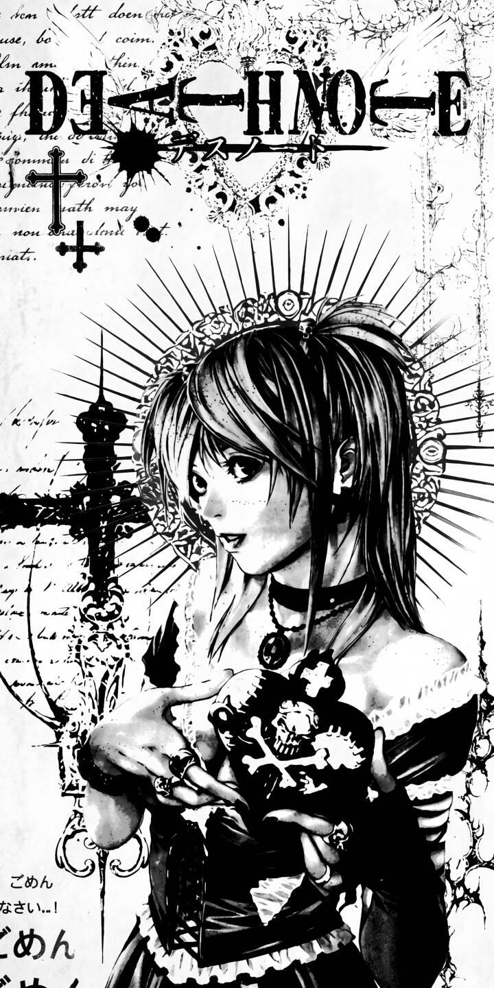 Misa Amane's dramatic gothic style shines in this monochrome 4K wallpaper, featuring her distinctive twin-tails and a skull emblem against a distressed background. This visually striking artwork makes for an edgy wallpaper for iPhone, perfect for fans of Death Note. | art anime gothic iphone wallpaper black and white mobile 4k wallpaper hd wallpaper monochrome death note misa amane Misa Amane's dramatic gothic style shines in this monochrome 4K wallpaper, featuring her distinctive twin-tails and a skull emblem against a distressed background. This visually striking artwork makes for an edgy wallpaper for iPhone, perfect for fans of Death Note.