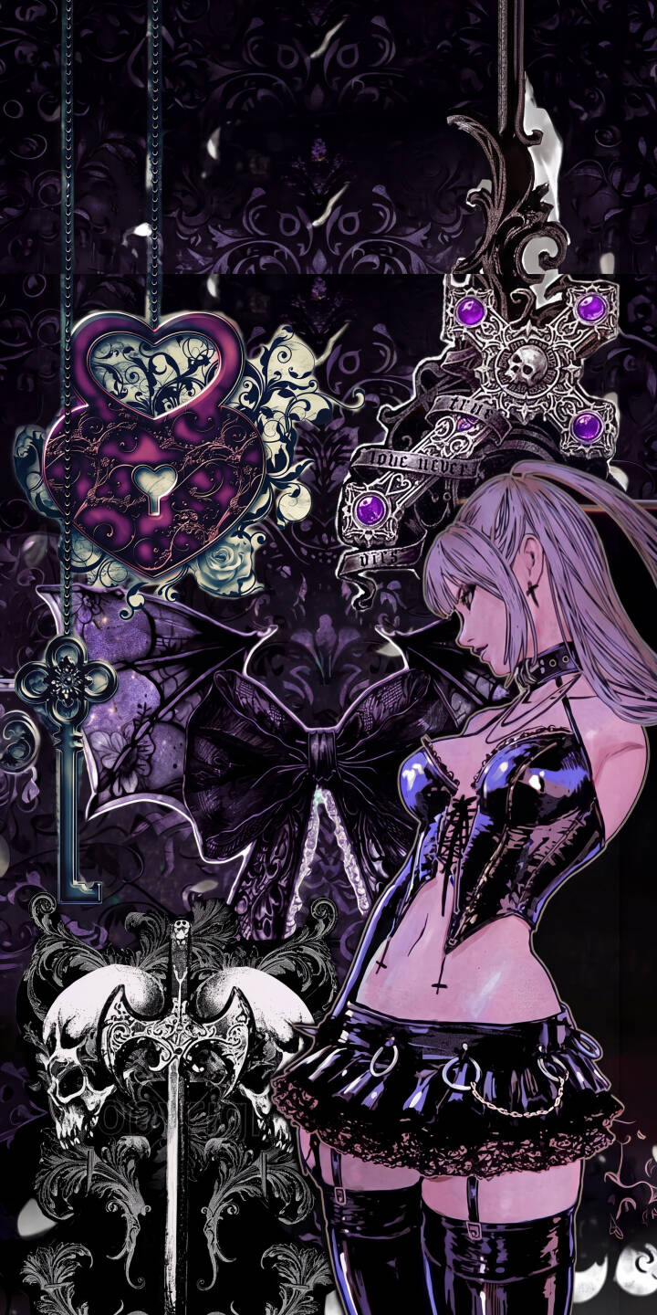 A sultry, purple-haired gothic girl in a detailed black leather corset and mini-skirt strikes a confident pose, set against an intricate dark background filled with ornate crosses, skulls, and a heart lock in this captivating 4K wallpaper. This stunning wallpaper for iPhone users immerses you in a dark fantasy aesthetic. | aesthetic iphone wallpaper anime girl purple hair mobile 4k wallpaper hd wallpaper dark fantasy succubus gothic girl leather outfit A sultry, purple-haired gothic girl in a detailed black leather corset and mini-skirt strikes a confident pose, set against an intricate dark background filled with ornate crosses, skulls, and a heart lock in this captivating 4K wallpaper. This stunning wallpaper for iPhone users immerses you in a dark fantasy aesthetic.