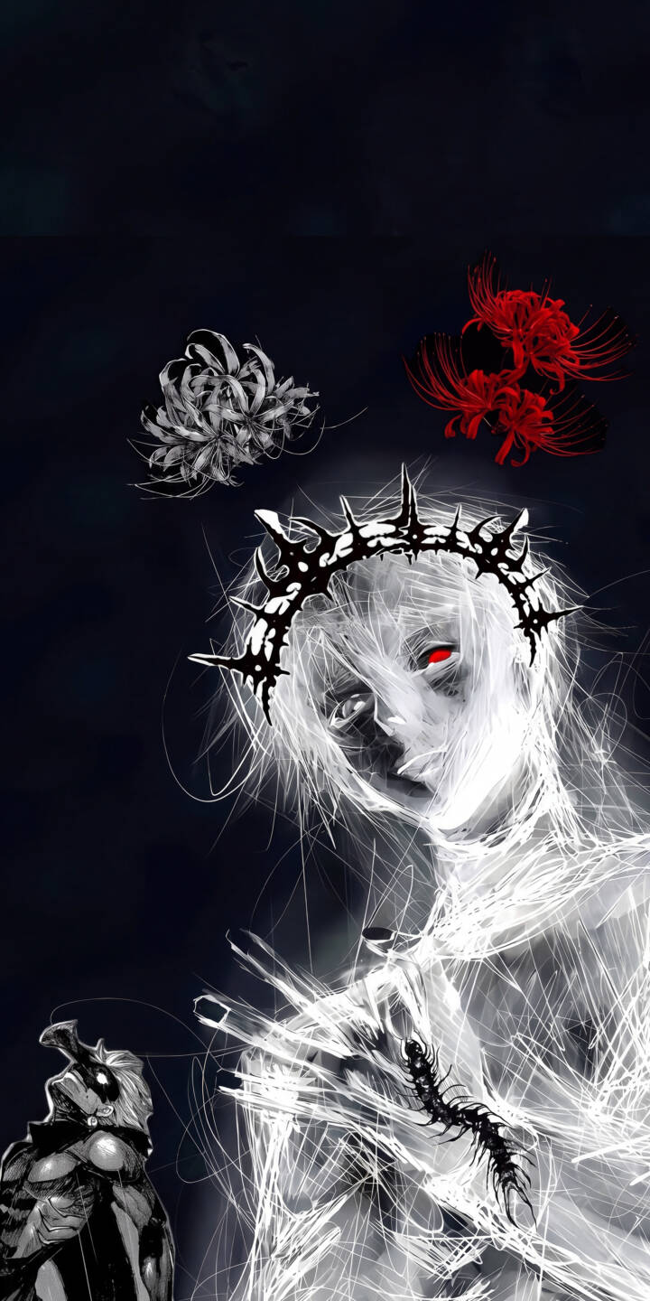 Red eyes glow fiercely from the spectral figure, crowned with thorns, as a centipede crawls across its ethereal hand in this chilling 4K wallpaper. This truly unique wallpaper is a dark fantasy aesthetic must-have for iPhone. | aesthetic iphone wallpaper red eyes mobile 4k wallpaper hd wallpaper crown of thorns dark fantasy ghostly spirit art centipede Red eyes glow fiercely from the spectral figure, crowned with thorns, as a centipede crawls across its ethereal hand in this chilling 4K wallpaper. This truly unique wallpaper is a dark fantasy aesthetic must-have for iPhone.