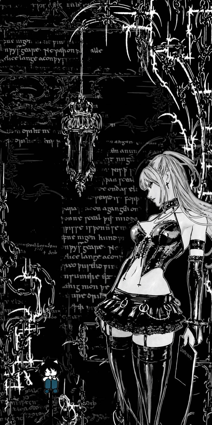 Misa Amane's iconic gothic outfit is prominently featured with her black leather corset and choker in this dark 4K wallpaper, making it a compelling wallpaper for iPhone users who appreciate the edgy style of Death Note. Ornate gothic script swirls across the background, enhancing the moody aesthetic as she holds her infamous Death Note book. | aesthetic dark anime gothic iphone wallpaper leather mobile 4k wallpaper hd wallpaper death note misa amane Misa Amane's iconic gothic outfit is prominently featured with her black leather corset and choker in this dark 4K wallpaper, making it a compelling wallpaper for iPhone users who appreciate the edgy style of Death Note. Ornate gothic script swirls across the background, enhancing the moody aesthetic as she holds her infamous Death Note book.