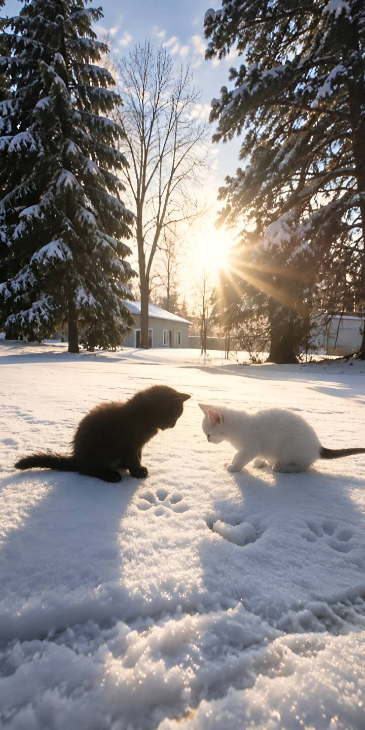 Golden hour sunlight bathes a sparkling snowscape as an adorable black kitten and a white kitten meet nose-to-nose, leaving tiny paw prints in this charming 4K wallpaper for iPhone. This delightful winter kittens wallpaper captures a peaceful encounter amidst snowy pines. | cat snow cute black cat white cat Golden hour sunlight bathes a sparkling snowscape as an adorable black kitten and a white kitten meet nose-to-nose, leaving tiny paw prints in this charming 4K wallpaper for iPhone. This delightful winter kittens wallpaper captures a peaceful encounter amidst snowy pines.