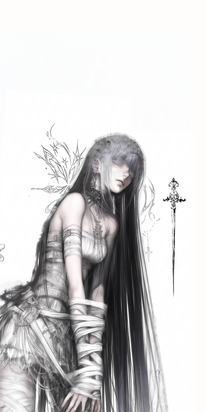 Her long, dark hair cascades down as this ethereal, bandaged maiden stands with a melancholic gaze, accentuated by intricate neck jewelry and subtle abstract patterns behind her head. This mesmerizing 4K artwork serves as a captivating wallpaper for iPhone, an exquisite wallpaper for dark fantasy enthusiasts. | aesthetic illustration iphone wallpaper mobile 4k wallpaper hd wallpaper long hair gothic art dark fantasy bandaged girl Her long, dark hair cascades down as this ethereal, bandaged maiden stands with a melancholic gaze, accentuated by intricate neck jewelry and subtle abstract patterns behind her head. This mesmerizing 4K artwork serves as a captivating wallpaper for iPhone, an exquisite wallpaper for dark fantasy enthusiasts.