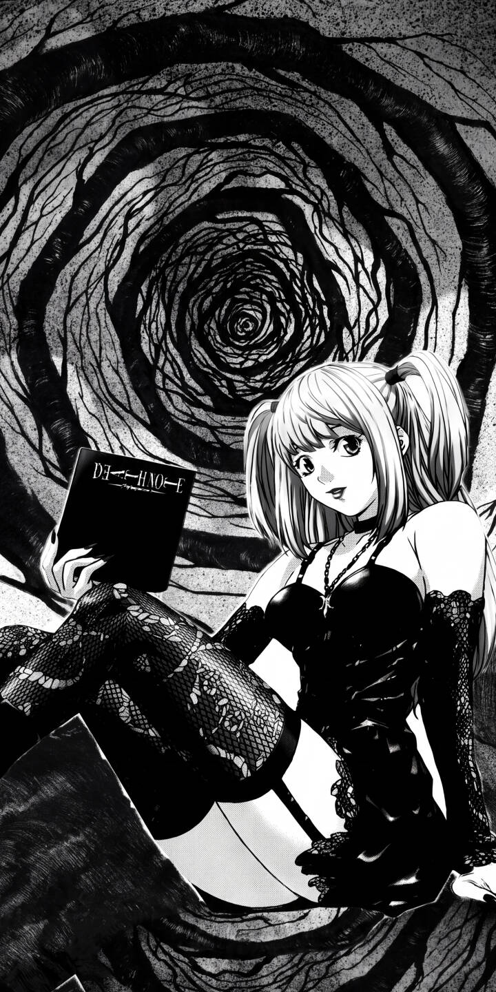 Misa Amane's captivating gaze pierces through the swirling dark tree background in this striking 4K wallpaper, holding her iconic Death Note while adorned in gothic attire — a perfect anime wallpaper for iPhone enthusiasts. | dark anime gothic iphone wallpaper black and white mobile 4k wallpaper hd wallpaper death note misa amane misa Misa Amane's captivating gaze pierces through the swirling dark tree background in this striking 4K wallpaper, holding her iconic Death Note while adorned in gothic attire — a perfect anime wallpaper for iPhone enthusiasts.