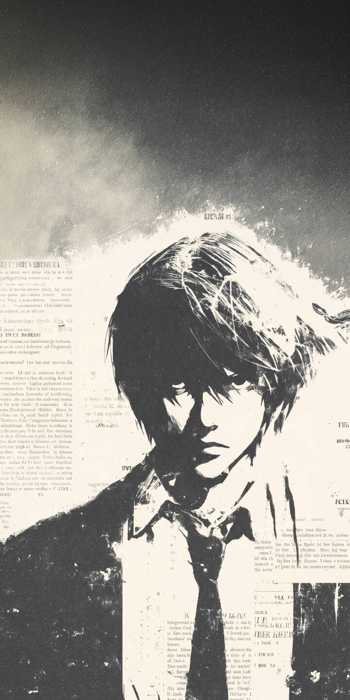 An intense, shadowed L emerges from a monochrome, grunge-style backdrop of newspaper text, capturing the character's enigmatic aura in this striking 4K wallpaper — a must-have for iPhone users seeking a unique dark aesthetic wallpaper. | anime manga iphone wallpaper mobile 4k wallpaper hd wallpaper monochromatic grunge death note l lawliet An intense, shadowed L emerges from a monochrome, grunge-style backdrop of newspaper text, capturing the character's enigmatic aura in this striking 4K wallpaper — a must-have for iPhone users seeking a unique dark aesthetic wallpaper.