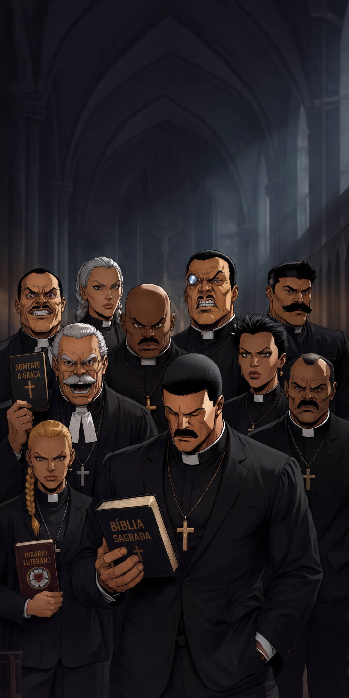 A somber assembly of stern-faced priests and clergy, cloaked in dark attire and holding Bibles, gathers under the towering arches of a gothic church in this intense 4K wallpaper. This powerful and uniquely stylized wallpaper is perfect for personalizing your iPhone. | dark religious church iphone wallpaper mobile comic art 4k wallpaper hd wallpaper priests clergy bibles A somber assembly of stern-faced priests and clergy, cloaked in dark attire and holding Bibles, gathers under the towering arches of a gothic church in this intense 4K wallpaper. This powerful and uniquely stylized wallpaper is perfect for personalizing your iPhone.