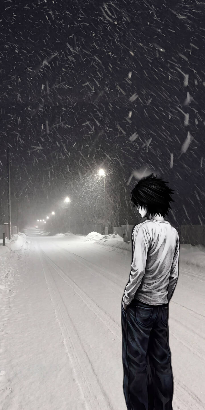 Heavy snowfall obscures the dark street as L from Death Note stands pensive and alone, creating a somber 4K wallpaper perfect for iPhone screens. This monochrome wallpaper captures a contemplative moment. | aesthetic dark snow winter anime iphone wallpaper mobile 4k wallpaper hd wallpaper death note l Heavy snowfall obscures the dark street as L from Death Note stands pensive and alone, creating a somber 4K wallpaper perfect for iPhone screens. This monochrome wallpaper captures a contemplative moment.