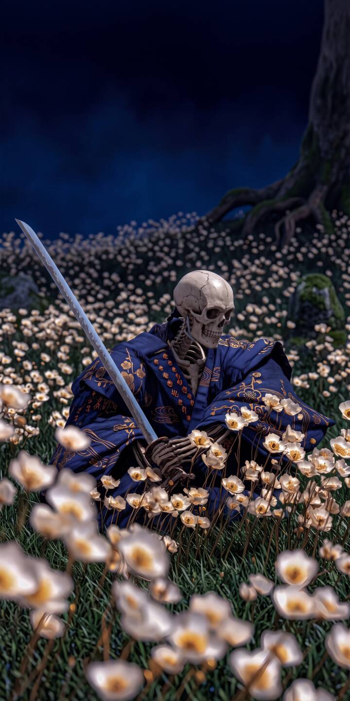 A solemn samurai skeleton in a beautiful blue kimono sits peacefully amidst a field of white flowers, gripping a katana blade under a mystic night sky. This ethereal 4K wallpaper offers a unique aesthetic, perfect for iPhone users. | flowers samurai skeleton iphone fantasy katana wallpaper mobile 4k wallpaper hd wallpaper japanese aesthetic mystic A solemn samurai skeleton in a beautiful blue kimono sits peacefully amidst a field of white flowers, gripping a katana blade under a mystic night sky. This ethereal 4K wallpaper offers a unique aesthetic, perfect for iPhone users.