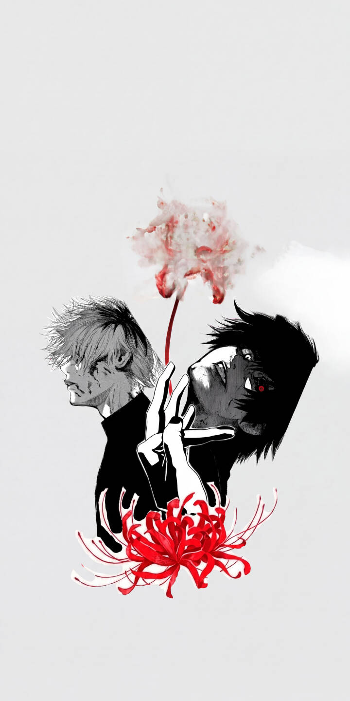 A vibrant red spider lily and symbolic blood splash visually separate Kaneki Ken's tormented white-haired human form from his menacing dark ghoul persona in this striking 4K wallpaper. This profound depiction of his duality makes a powerful wallpaper for any iPhone fan. | anime iphone wallpaper mobile 4k wallpaper hd wallpaper dark aesthetic duality red spider lily tokyo ghoul ghoul kaneki ken A vibrant red spider lily and symbolic blood splash visually separate Kaneki Ken's tormented white-haired human form from his menacing dark ghoul persona in this striking 4K wallpaper. This profound depiction of his duality makes a powerful wallpaper for any iPhone fan.