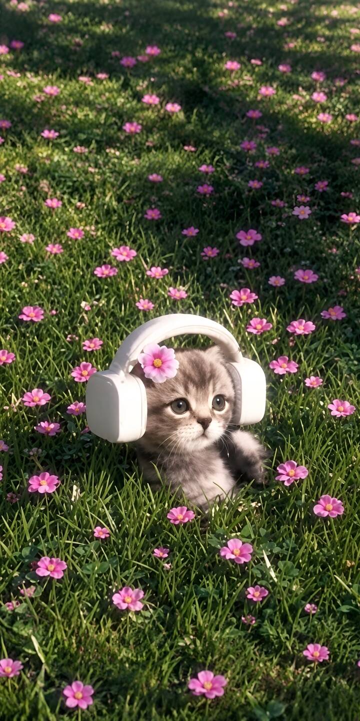 Tiny pink flowers highlight an adorable grey kitten wearing white headphones, accented by a small bloom on one ear, as it sits calmly in a lush green field in this charming 4K wallpaper for iPhone. It's the perfect cute cat wallpaper to brighten your device. | flowers cat 4k cute kitten Tiny pink flowers highlight an adorable grey kitten wearing white headphones, accented by a small bloom on one ear, as it sits calmly in a lush green field in this charming 4K wallpaper for iPhone. It's the perfect cute cat wallpaper to brighten your device.