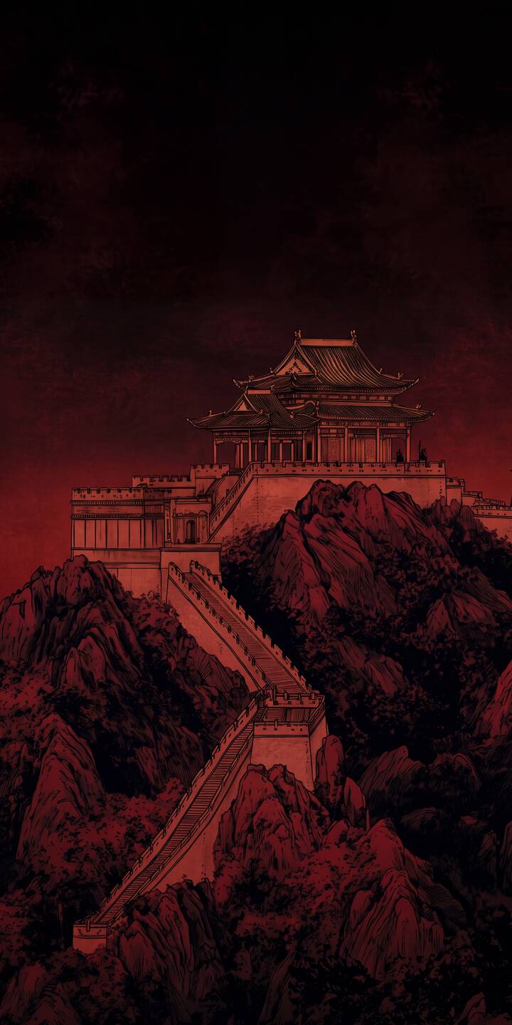 A majestic traditional fortress stands atop craggy crimson peaks, its fortified wall winding dramatically across the imposing landscape in this stunning 4K wallpaper — a truly epic wallpaper for iPhone users. | dark temple iphone wallpaper mobile 4k wallpaper hd wallpaper epic fortress asian architecture red mountain great wall A majestic traditional fortress stands atop craggy crimson peaks, its fortified wall winding dramatically across the imposing landscape in this stunning 4K wallpaper — a truly epic wallpaper for iPhone users.