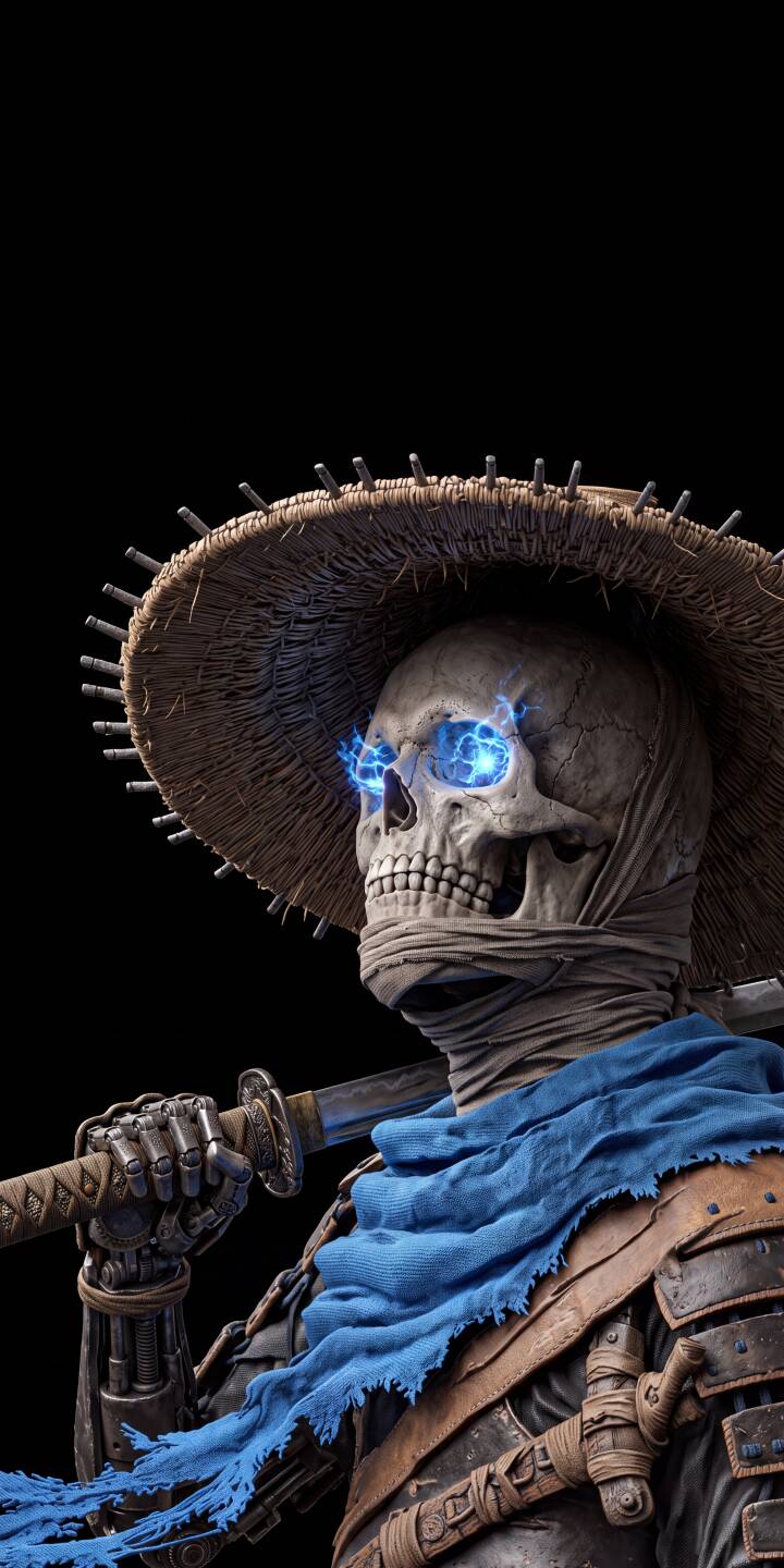 Intense blue energy crackles within the eye sockets of this formidable samurai skeleton, poised with its katana in this captivating 4K wallpaper. This stunning wallpaper, featuring its ancient straw hat and tattered blue scarf, is a perfect addition for any iPhone. | samurai warrior skeleton skull iphone wallpaper mobile 4k wallpaper hd wallpaper glowing eyes dark fantasy ronin Intense blue energy crackles within the eye sockets of this formidable samurai skeleton, poised with its katana in this captivating 4K wallpaper. This stunning wallpaper, featuring its ancient straw hat and tattered blue scarf, is a perfect addition for any iPhone.