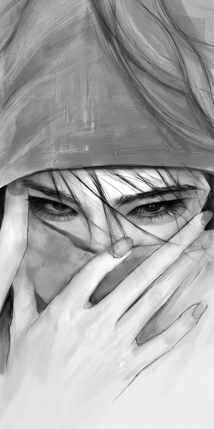 Piercing eyes gaze out intensely from beneath a shadow-casting hood, with hands artfully partially obscuring the face in this striking monochrome 4K wallpaper. This atmospheric digital art makes a powerful statement wallpaper for your iPhone. | face dark portrait eyes iphone wallpaper mystery mobile digital art 4k wallpaper hd wallpaper monochrome Piercing eyes gaze out intensely from beneath a shadow-casting hood, with hands artfully partially obscuring the face in this striking monochrome 4K wallpaper. This atmospheric digital art makes a powerful statement wallpaper for your iPhone.
