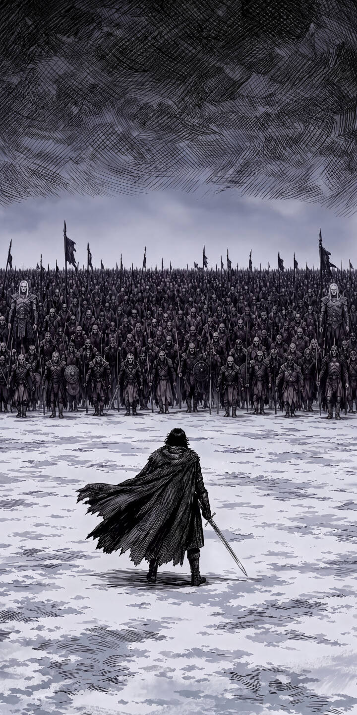 Jon Snow stands defiantly, sword drawn in a desolate, snowy field, facing a massive, menacing horde of White Walkers and the Night King's army, making this a powerful 4K wallpaper for iPhone that truly captures the epic scale of the battle. | got iphone fantasy wallpaper game of thrones mobile jon snow 4k wallpaper hd wallpaper epic battle white walkers Jon Snow stands defiantly, sword drawn in a desolate, snowy field, facing a massive, menacing horde of White Walkers and the Night King's army, making this a powerful 4K wallpaper for iPhone that truly captures the epic scale of the battle.