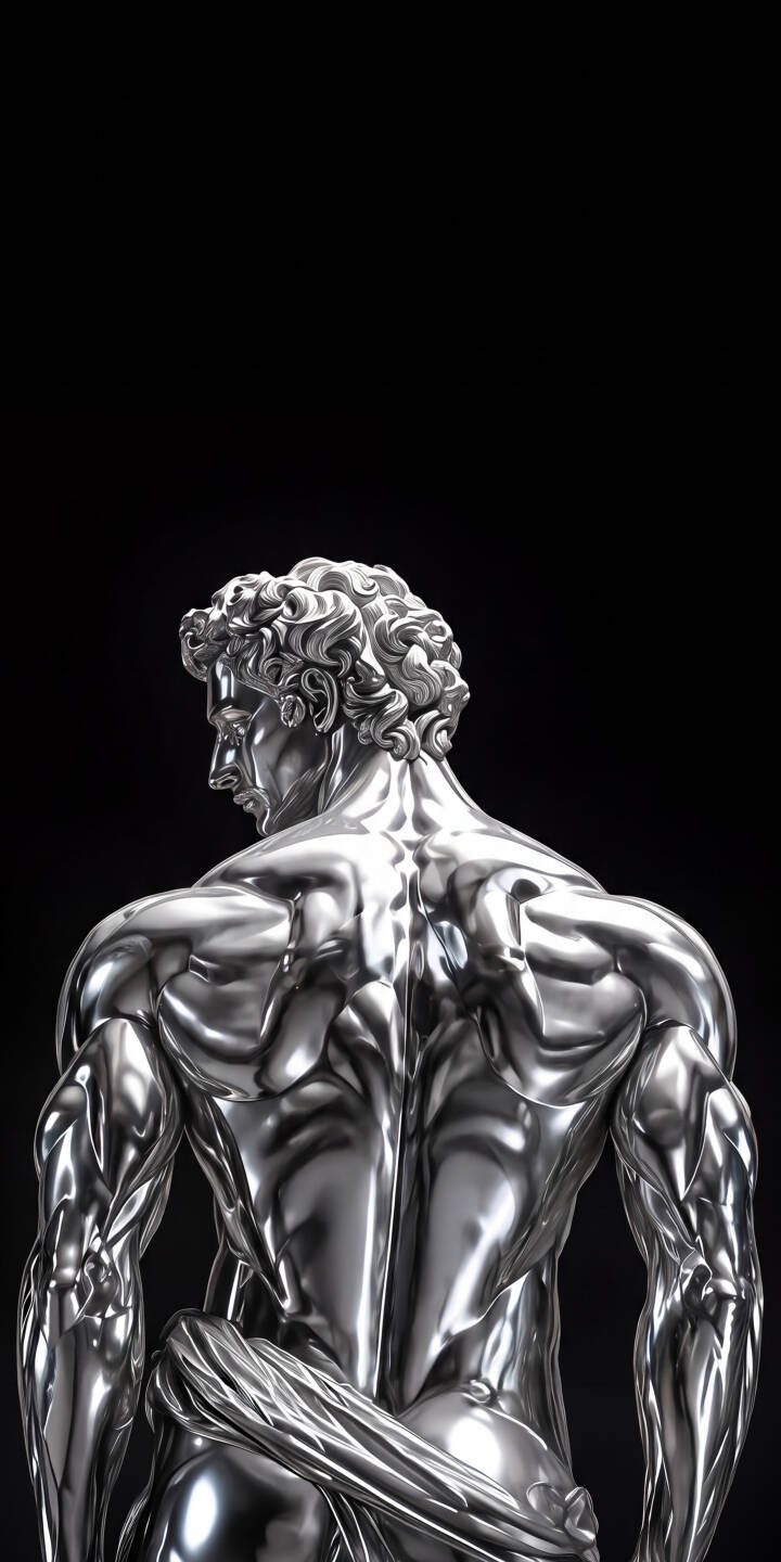 The gleaming, metallic silver finish of this sculpture highlights every curve of its chiseled anatomy and intricate curly hair, creating a striking 4K wallpaper for your iPhone. This aesthetic wallpaper offers a fusion of classical form and modern sheen against a deep black background. | aesthetic silver sculpture statue iphone wallpaper mobile metallic 4k wallpaper hd wallpaper classical art modern art The gleaming, metallic silver finish of this sculpture highlights every curve of its chiseled anatomy and intricate curly hair, creating a striking 4K wallpaper for your iPhone. This aesthetic wallpaper offers a fusion of classical form and modern sheen against a deep black background.