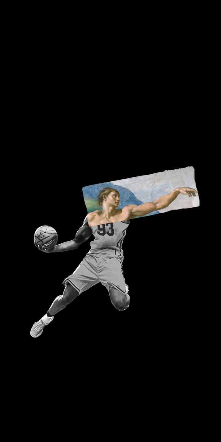 A classical arm, detailed in vibrant color, extends upwards from the grayscale body of a basketball player holding a ball mid-jump, creating a stunning 4K wallpaper perfect for iPhone. This unique art mashup wallpaper features an iconic painting style contrasted with a dynamic sports scene on a pure black background. | basketball basketball player iphone minimalist wallpaper grayscale mobile 4k wallpaper hd wallpaper sports art classical art art mashup A classical arm, detailed in vibrant color, extends upwards from the grayscale body of a basketball player holding a ball mid-jump, creating a stunning 4K wallpaper perfect for iPhone. This unique art mashup wallpaper features an iconic painting style contrasted with a dynamic sports scene on a pure black background.