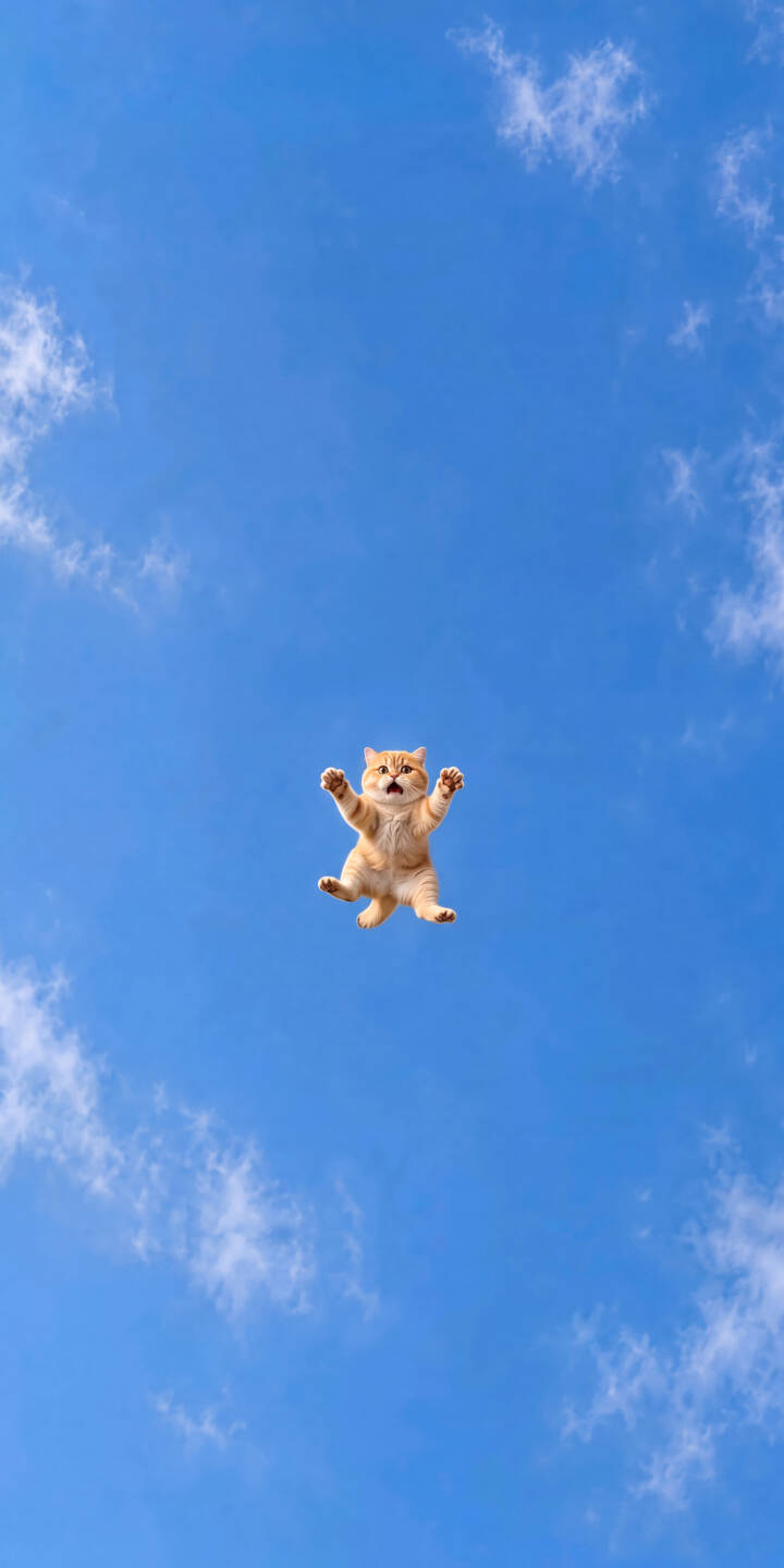 A fluffy orange cat hangs suspended in a vibrant blue sky, paws outstretched with a hilariously surprised expression in this delightful 4K wallpaper. This charming animal wallpaper is perfect for personalizing your iPhone. | aesthetic cat cute iphone wallpaper blue sky floating kitten mobile 4k wallpaper hd wallpaper funny cat A fluffy orange cat hangs suspended in a vibrant blue sky, paws outstretched with a hilariously surprised expression in this delightful 4K wallpaper. This charming animal wallpaper is perfect for personalizing your iPhone.