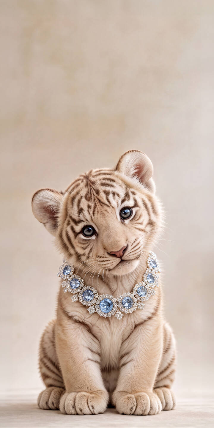 A dazzling blue gem necklace adorns this adorable white tiger cub, whose captivating blue eyes look directly at the viewer in this charming 4K wallpaper, making it a perfect wallpaper for iPhone screens. | animal cute iphone wallpaper blue eyes mobile 4k wallpaper hd wallpaper white tiger cub baby tiger jewels gems A dazzling blue gem necklace adorns this adorable white tiger cub, whose captivating blue eyes look directly at the viewer in this charming 4K wallpaper, making it a perfect wallpaper for iPhone screens.